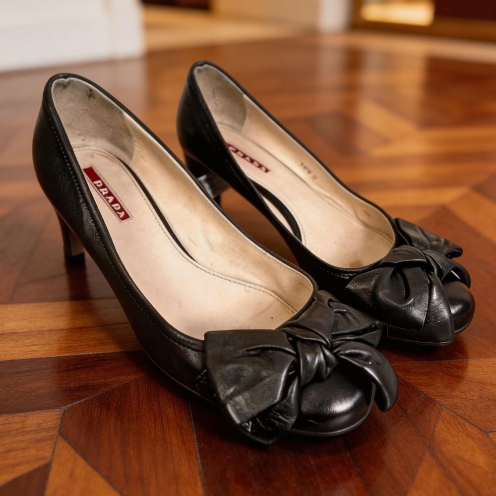 PRADA LEATHER BLOCK HEEL PUMPS WITH BOW BLACK SIZE 7